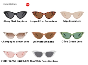 Cat-eye sunglasses color selection in black, leopard, beige, green, and pink variations