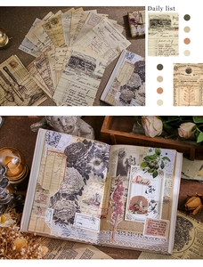 Macro detail of vintage scrapbook paper featuring antique ephemera and botanical illustrations