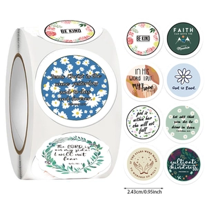Detail view of 0.95 inch round religious motivational stickers with floral designs