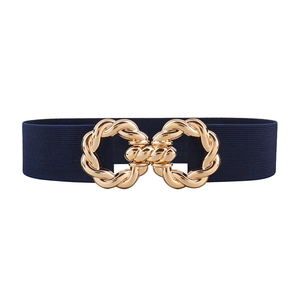 Navy blue elastic waist belt for women with a gold knot metal buckle on white background