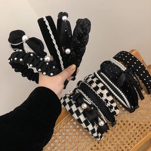Handmade velvet and pearl headbands in black and white with bow and plaid designs