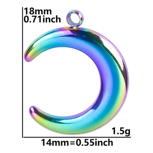 Macro shot of rainbow crescent moon pendant with detailed 18mm height and 14mm width dimensions