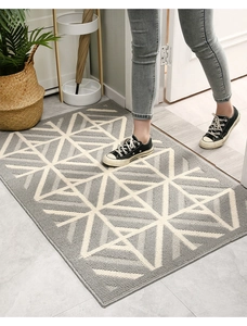 Macro shot of grey geometric entryway mat with durable textile texture and white patterns