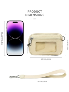 Dimensiones detalladas del bolso de muñeca crema con ventana transparente para documentos