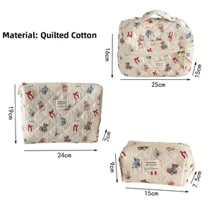 Three quilted cotton cosmetic bags in various sizes with cute animal prints and measurements