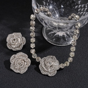 Parure bijoux rose argentée avec cristaux étincelants collier et boucles d'oreilles