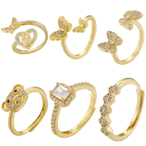 18K gold plated rings set with zircon bear, butterfly and heart motifs