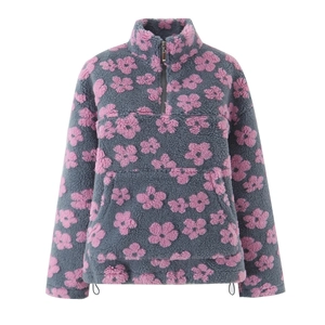 Floral Print Fleece Sweatshirt Zippered Stand Collar Pullover Warm Lamb Wool Casual Streetwear For Women