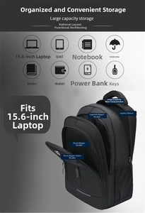Detail of multi-compartment laptop backpack showing storage for 15.6 inch laptop and gear