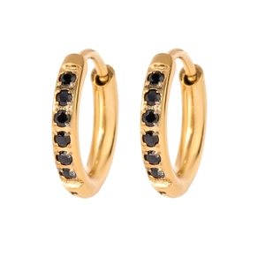 Detail of gold-plated stainless steel hoop earrings with black zircon stones set in a row