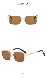 Front and side views of gold square metal sunglasses with vintage brown lenses