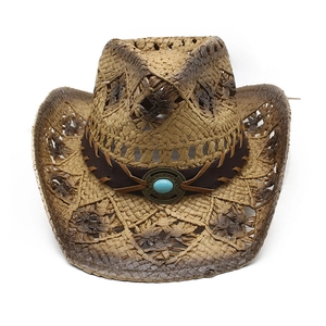 Western straw cowboy hat with hollow weave patterns and turquoise leather band accent