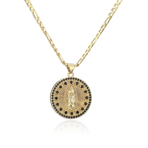 18K gold plated Virgin Mary medallion necklace with black zircon halo on Figaro chain
