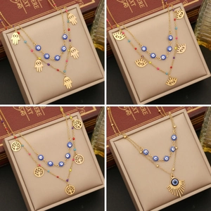 Evil Eye Hamsa Hand Layered Necklace Stainless Steel Colorful Beads Enamel Pendant Clavicle Chain Jewelry For Women