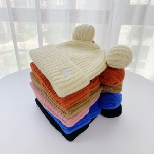Winter knitted bear ear beanie hats with heart embroidery in multiple colors