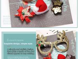 Detail of Christmas headband and clips with red stars, bells and glitter reindeer glasses
