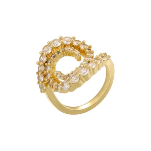 Elegant gold-plated spiral ring with sparkling pavé-set crystals on a white background