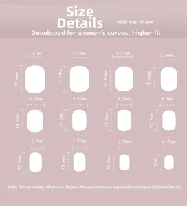 Size chart showing 24pcs mini Easter press-on nails with 12 precise dimensions and fit details