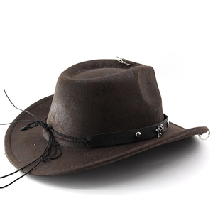 Vintage dark brown western cowboy hat with skull studs and metal ring accents