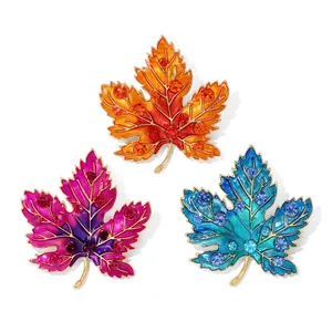 Three-piece luxury colorful maple leaf brooch set with sparkling crystals and enamel
