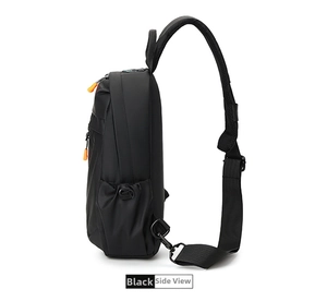 Detail of black tactical sling bag with orange zipper cords and mesh water bottle pocket