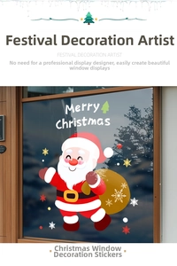 Detail of Santa Claus window sticker with Merry Christmas text on a shop glass facade