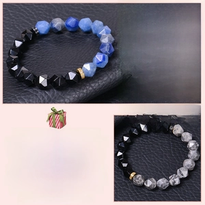 Detailed views of 10mm faceted blue agate beads and micro-zirconia circle accents