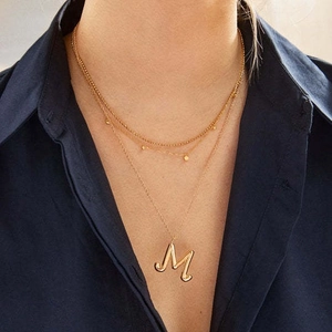 Three-layer 18K gold stainless steel necklace with cursive letter M pendant for women