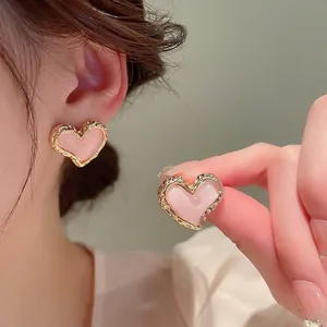 Orecchini A Lobo A Cuore Smalto Rosa Lega Placcata Oro Stile Romantico Dolce Vintage Accessori Donna Con Perno In Argento