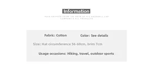 Detailed size specifications for cotton sun visor hat with 56-60cm head circumference