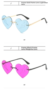 Detail of lightning cut heart-shaped rimless sunglasses in blue and rose pink tints