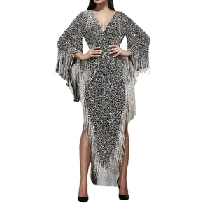 Sparkly black and silver sequined deep V-neck dress with long sleeves and layered fringe detail