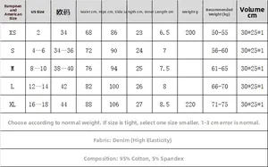 Tabella taglie dettagliata per pantaloncini di jeans sexy a vita bassa con misure fianchi