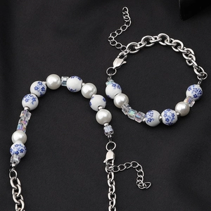 Unisex Chinese style titanium steel necklace with blue flower ceramic beads and pearls
