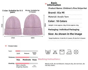 Size chart for purple striped knit baby hat with dimensions for ages 0 to 8 years old