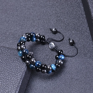 Double-layer blue tiger eye stone beaded bracelet with adjustable black woven cord for men
