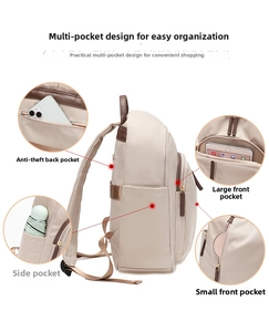 Detalle de mochila beige de tela oxford con gran capacidad y múltiples bolsillos funcionales