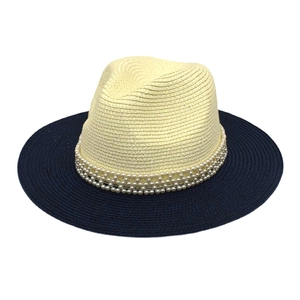 Women's straw fedora hat with elegant pearl band and navy blue wide brim for sun protection