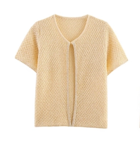 Close-up of light yellow knit cardigan featuring breathable hollow-out mesh texture