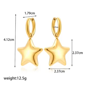 Minimalist stainless steel star drop earrings with polished finish and product dimensions