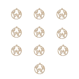 Detailed view of ten circular hollow gold pendants for DIY jewelry crafting on white