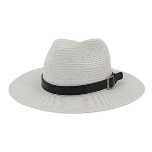 Classic white woven straw Fedora sun hat with a black leather band and silver buckle
