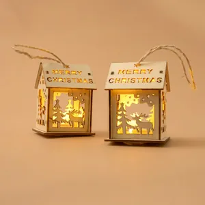 Set of two LED wooden Christmas house ornaments with reindeer and Merry Christmas carvings