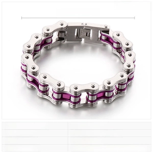 Macro shot of stainless steel motorcycle chain bracelet with purple and silver links