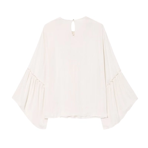Elegant white pleated chiffon blouse with ruffle details and flared sleeves on white background
