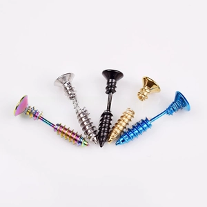 Macro shot of colorful stainless steel screw earrings in five vibrant plated finishes