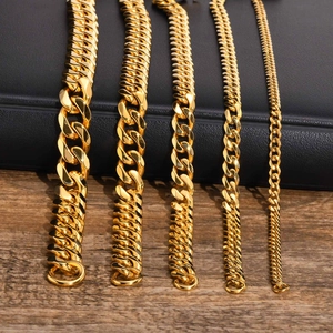 Polished gold stainless steel Cuban chain bracelets shown in five different widths