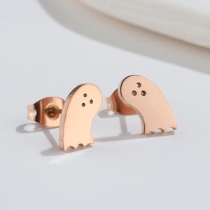 Minimalist rose gold ghost stud earrings made of stainless steel on white background