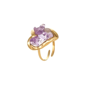 18K gold plated heart ring with purple natural crystal stones and adjustable band