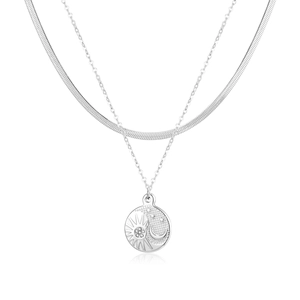 Collana doppia a strati argento con catena a serpente e ciondolo sole e luna
